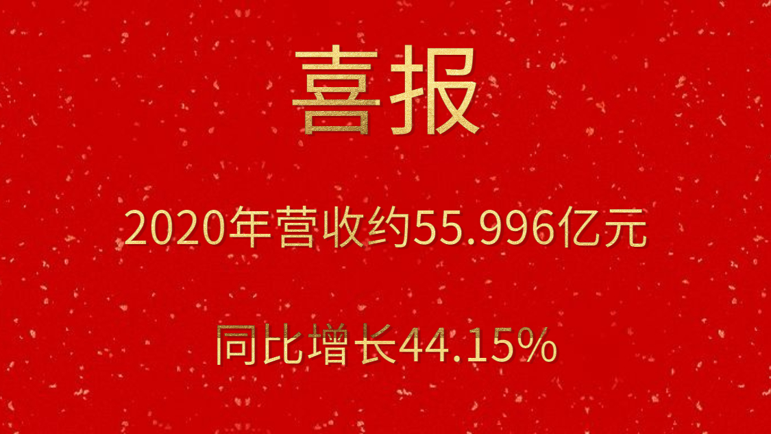 喜报！2020年营收约55.996亿元，，，，，，，同比增添44.15%